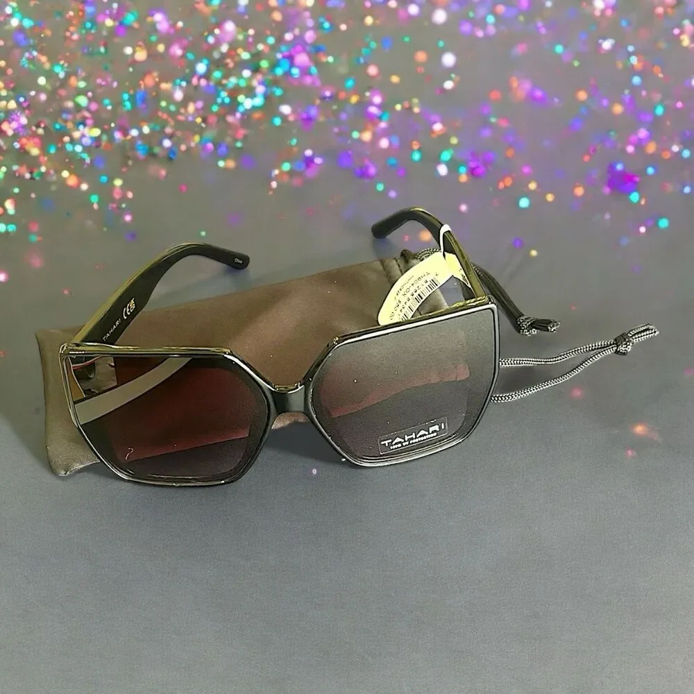 Tahari Oversized Square Sunglasses TH904 OX Shiny Black Frame Gradient Lens NWT
